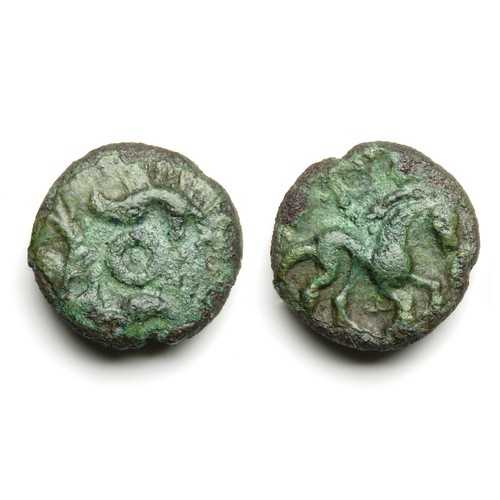 159 - North Thames Two Boars Bronze Unit. Opposed boars, wheel between. R. Horse right, beaded mane curled... 