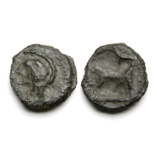 155 - Cantiaci Cast Potin. Copper-alloy, 2.10g. 18 mm. Apollo head left. R. Bull butting left. Ref: Spink ... 