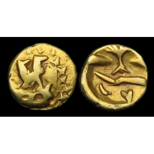 149 - Gallo-Belgic D, Boat Tree Quarter Stater. Circa 1st century BC. Gold, 1.43g. 11 mm. Boat with two oc... 