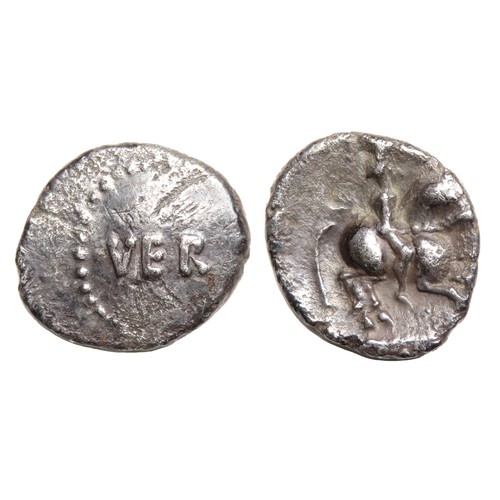 160 - Tasciovanos Regal Rider Silver Unit, 1.18g. 13 mm. VER within pellet border. R. Horseman right, wear... 