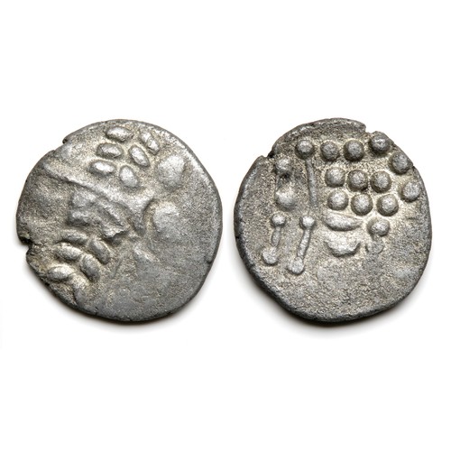 176 - Durotriges Silver Stater. Circa 50-20 B.C. Silver, 3.04 grams. 19 mm. Obverse: Wreath, cloak, and cr... 