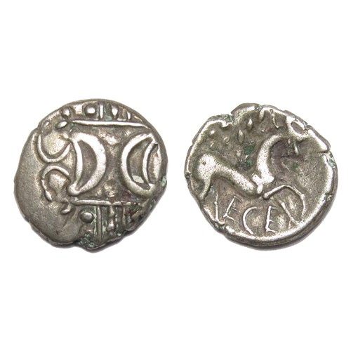 165 - Iceni ECEN Silver Unit. Circa 10-40 A.D. Silver, 1.26 grams. 13 mm. Obverse: Double-crescent emblem ... 