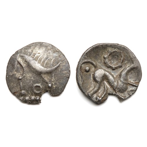 166 - Corieltavi, South Ferriby Boar/Horse silver unit. 16mm, 1.14g. Boar right, ring below. R. Horse righ... 