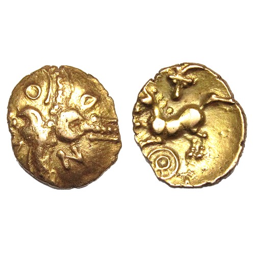 162 - Andoco Crescent Wreath Quarter Stater. Circa 20-1 BC. Gold, 1.34g. 13 mm. Crossed wreaths, one curve... 