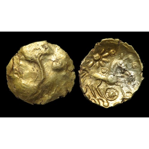 158 - Selsey Dahlia quarter stater, Regini tribe c. 50 BC. Damaged die type. Gold, 16mm, 1.22g. Obv: damag... 