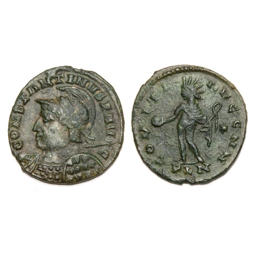 232 - Constantine AE Follis. 307-337 AD London. 3.23g. 23 mm. CONSTANTINVS P AVG, helmeted bust left holdi... 