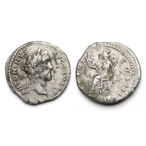 195 - Antoninus Pius Denarius. Rome, 140-45 AD. Silver, 3.29g. 18 mm. Laureate bust right, ANTONINVS AVG P... 