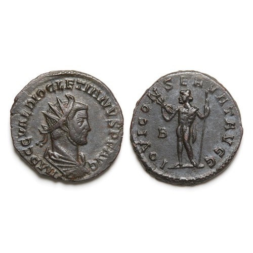 231 - Diocletian Antoninianus. Ticinum, 285-6 AD. Billon, 3.78g. 19 mm. Radiate and draped bust right, IMP... 