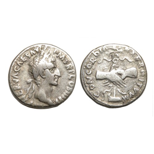 188 - Nerva Denarius. Rome, Jan.-Sep. 97 AD. Silver, 2.81g. 18 mm. Laureate bust right, IMP NERVA CAES AVG... 