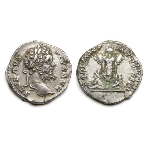 201 - Septimius Severus Denarius. Rome, 202 AD. Silver, 2.76g. 19 mm. Laureate and draped bust right, SEVE... 