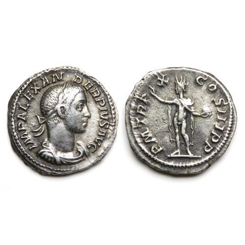 202 - Severus Alexander Denarius. Rome, 231 AD. Silver, 2.90g. 19 mm. Laureate and draped bust right, IMP ... 