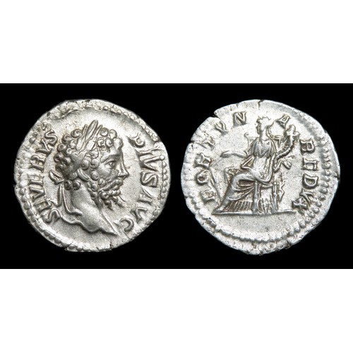 203 - Septimius Severus Denarius. Rome, 203 AD. Silver, 19mm, 3.26g. Laureate and draped bust right, SEVER... 