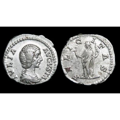 205 - Julia Domna Denarius. Rome, 206 AD. Silver, 2.97g. 19 mm. Draped bust right, IVLIA AVGVSTA. R. FELIC... 