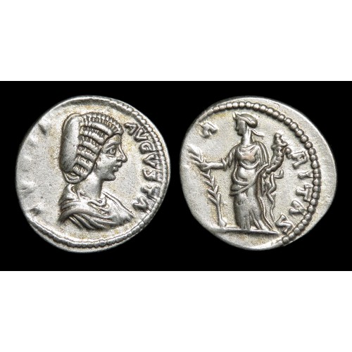 207 - Julia Domna Denarius. Laodicea, 198 AD. Silver, 19mm, 3.5g. Draped bust right, IVLIA AVGVSTA. R. HIL... 