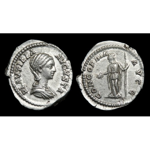 214 - Plautilla Denarius. Rome, 202 AD. Silver, 20mm, 3.11g. Draped bust right, PLAVTILLA AVGVSTA. R. CONC... 