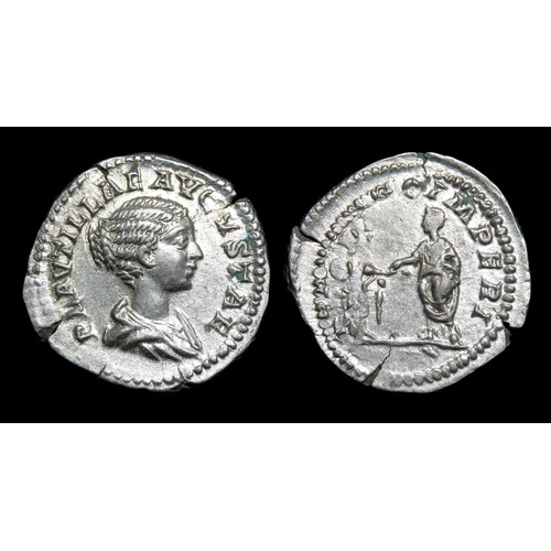 215 - Plautilla Denarius. Rome, 202 AD. Silver, 20mm, 3.02g. Draped bust right, PLAVTILLAE AVGVSTAE. R. PR... 