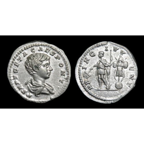 216 - Geta Denarius. Rome, 200 AD. Silver, 20mm, 3.30g. Draped bust right, P SEPT GETA CAES PONT. R. PRINC... 