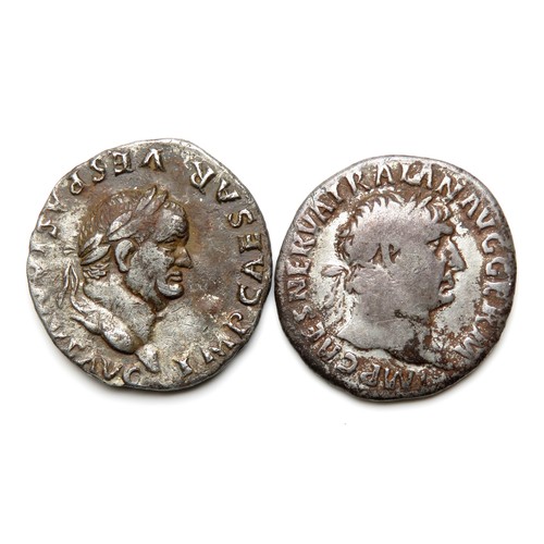 185 - Silver Denarius (2). Vespasian. 19mm, 3.14g. R. PON MAX TR P COS VII, winged caduceus. RIC 377. &... 