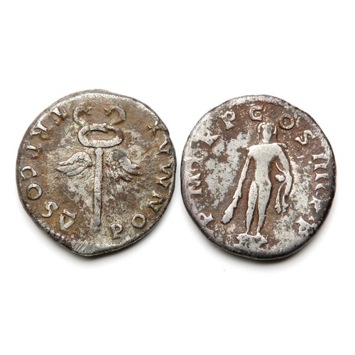 185 - Silver Denarius (2). Vespasian. 19mm, 3.14g. R. PON MAX TR P COS VII, winged caduceus. RIC 377. &... 