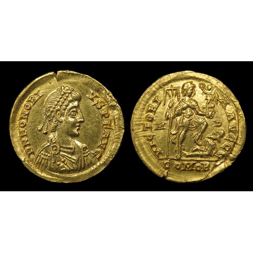 246 - Honorius Gold Solidus. Rome, AD 404-416. Diademed, draped and cuirassed bust right, DN HONORIVS PF A... 