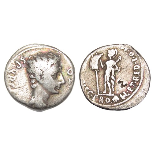 180 - Augustus Denarius. 18-17 BC. Silver, 3.32g. 18 mm. Bare head of Augustus right, S P Q R CAESARI AVGV... 