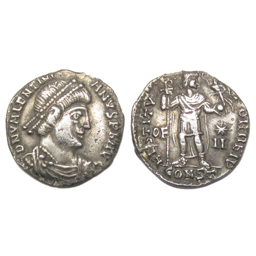 245 - Valentinian II Siliqua. 375-392 AD. Silver, 1.75g. 16 mm. Pearl-diademed, draped and cuirassed bust ... 