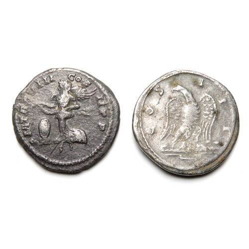 189 - Silver Denarius (2). Trajan, 19mm, 3.38g. R. COS III, legionary eagle right, head facing left.  Sept... 