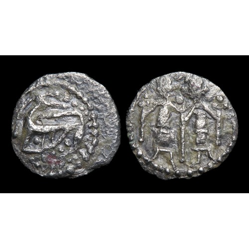 262 - Anglo-Saxon Sceatta. Secondary phase, 710-60 AD. Series N. Silver, 1.05 grams. 11 mm. Two standing f... 