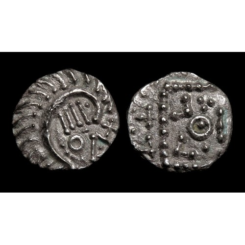 258 - Anglo-Saxon sceatta, series E continental Porcupine type. Silver, 13mm, 1.06g. Coiled crescent right... 