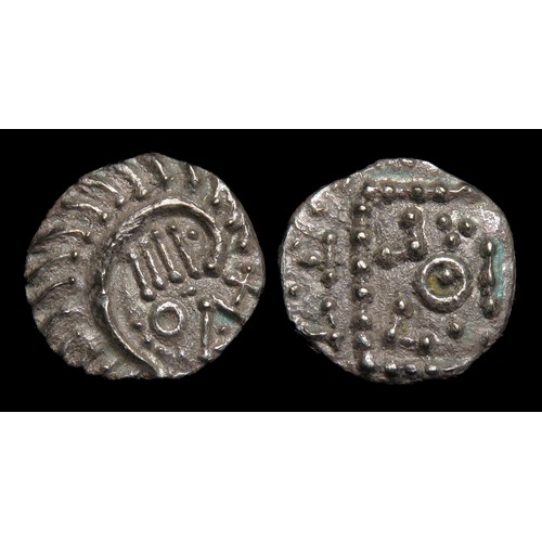 258 - Anglo-Saxon sceatta, series E continental Porcupine type. Silver, 13mm, 1.06g. Coiled crescent right... 