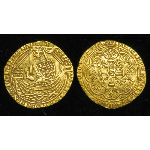 289 - Edward III Half Noble. Transitional treaty Period, 1361. Gold,  3.79g. 26mm. O. King standing in shi... 