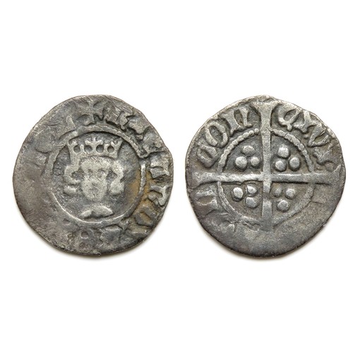 300 - Richard II Halfpenny. Silver, 14mm, 0.67g. Crowned facing bust, +RICARD REX ANGL. R. Cross and pelle... 