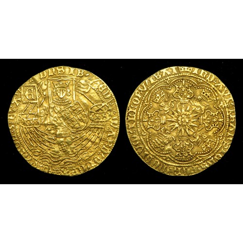 309 - Edward IV Rose Noble. Light Coinage, 1464-1470 AD. Gold 7.06 grams. 37 mm. King standing on ship hol... 