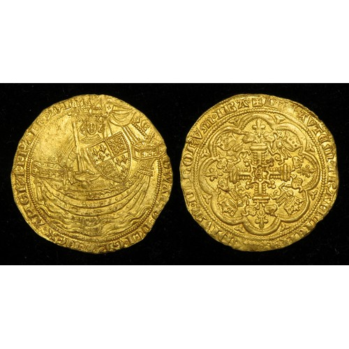 288 - Edward III Noble. Pre-Treaty Period,1351-61. Series C. Gold, 7.70 grams. 33 mm. King standing in shi... 