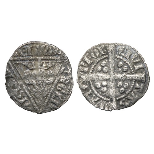 284 - Edward I Irish Halfpenny.  Silver, 0.55g. 15 mm. Crowned bust in triangle. R. Cross and pellets, CIV... 