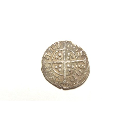 301 - Richard II Halfpenny. 1377-99 AD. Silver, 0.60g. 15 mm. Crowned facing bust, +RICARD REX ANGL. R. Cr... 