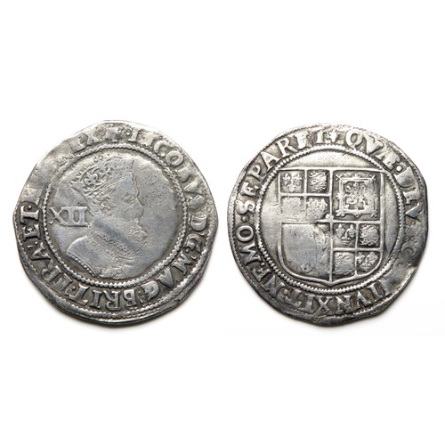 347 - James I Silver Shilling. Second Coinage, 1604-19. Silver, 5.54 grams. 31 mm. fourth crowned bust rig... 