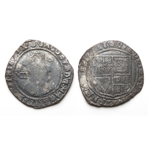 348 - James I Shilling. Third coinage, 1619-25. Silver, 32mm, 5.53g. Mint mark rose. Ref: Spink 2668.... 