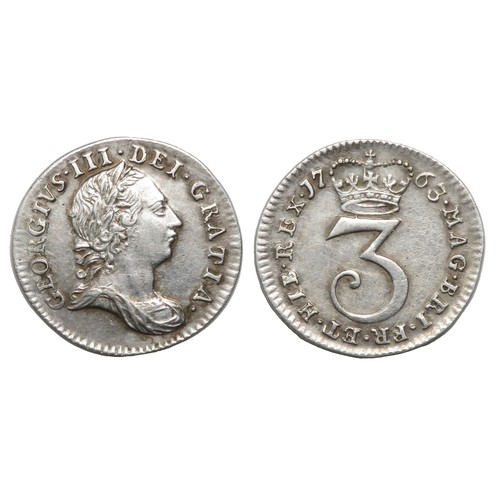 372 - George III Threepence. 1763. Young laureate bust right, GEORGIVS III DEI GRATIA. R. Crowned 3. Ref: ... 