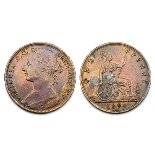 401 - Victoria Penny 1894. Young bust left. Britannia seated right, date in ex. Lighthouse left, ship to r... 