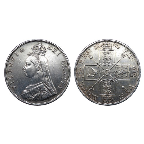 391 - Victoria Double-Florin. 1890. Silver, 22.58g. 36 mm. Jubilee bust left. R. Crowned cruciform shields... 