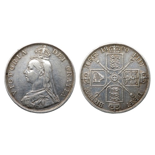 392 - Victoria Double-Florin. 1890. Silver, 22.52g. 36 mm. Jubilee bust left. R. Crowned cruciform shields... 