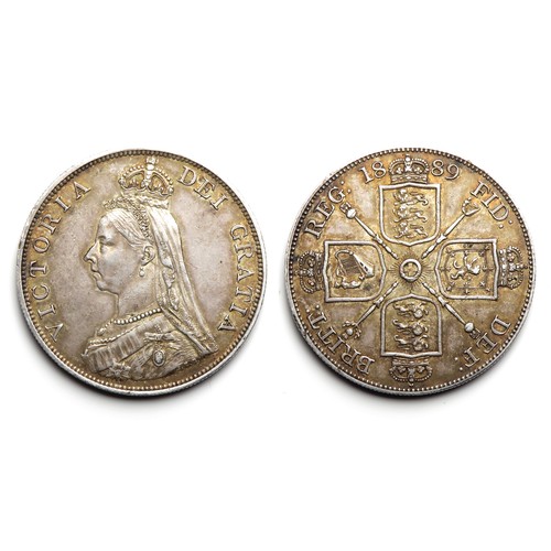 394 - Victoria Double-Florin. 1889. Silver, 22.65g. 36 mm. Jubilee bust left. R. Crowned cruciform shields... 