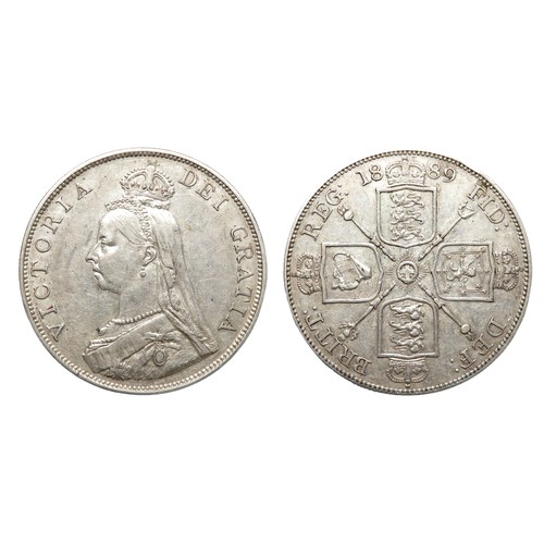 395 - Victoria Double-Florin. 1889. Silver, 22.55g. 36 mm. Jubilee bust left. R. Crowned cruciform shields... 