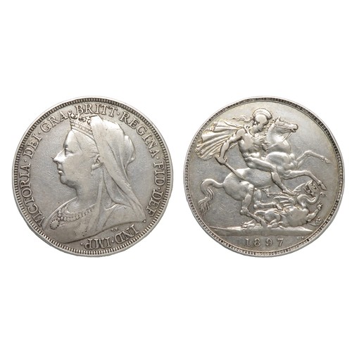 382 - Victoria Crown. 1897. Silver, 28.19g. 38 mm. Old veiled bust left. R. St George & dragon. Ref: S... 