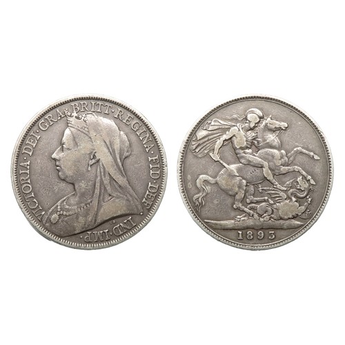 383 - Victoria Crown. 1893. Silver, 27.82g. 38 mm. Old veiled bust left. R. St George & dragon. Ref: S... 