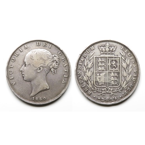 388 - Victoria Half Crown. Type A4. 1850. Silver, 13.92g. 32 mm. Young head left. R. Crowned shield within... 