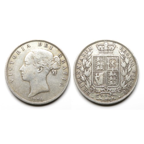 389 - Victoria Half Crown. 1886. Type A5. Silver, 13.97g. 32 mm. Young head left. R. Crowned shield within... 