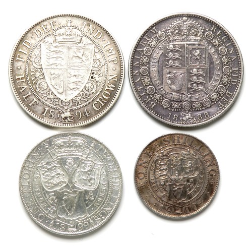 398 - Victoria Silver Group (4). Two half crowns, 1888 & 1894. Florin, 1899 and a 1900 shilling.