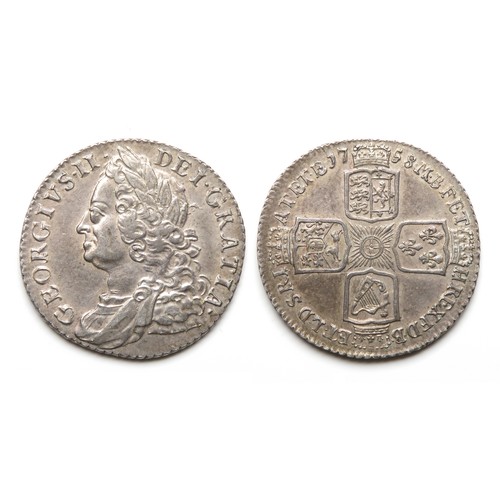 370 - George II Shilling 1758. Silver, 6.01g. 25 mm. Old Laureate and draped bust left. R. Crowned crucifo... 